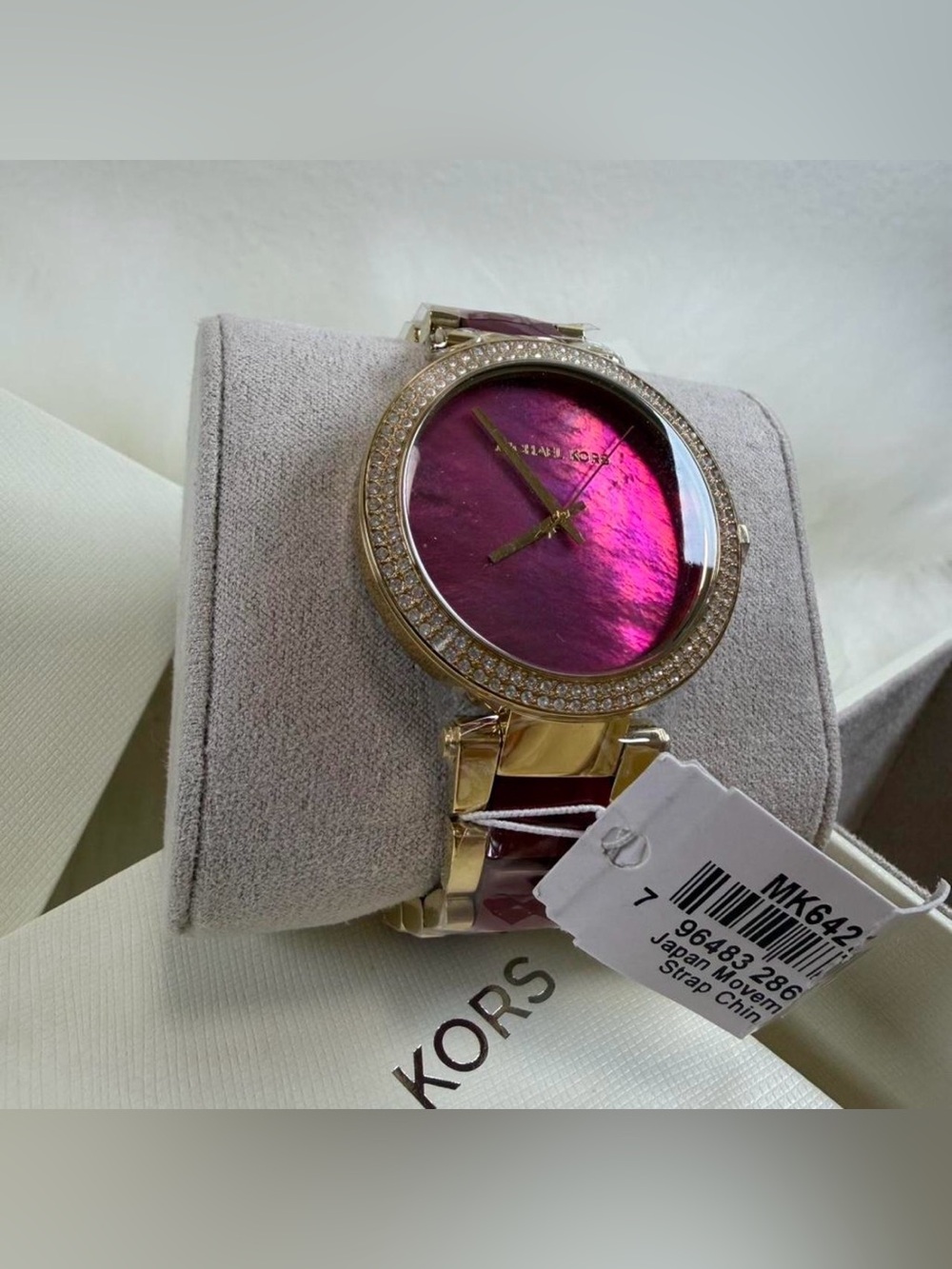 Michael Kors Gold-Tone Watch with Fuchsia Dial and Crystal Bezel
